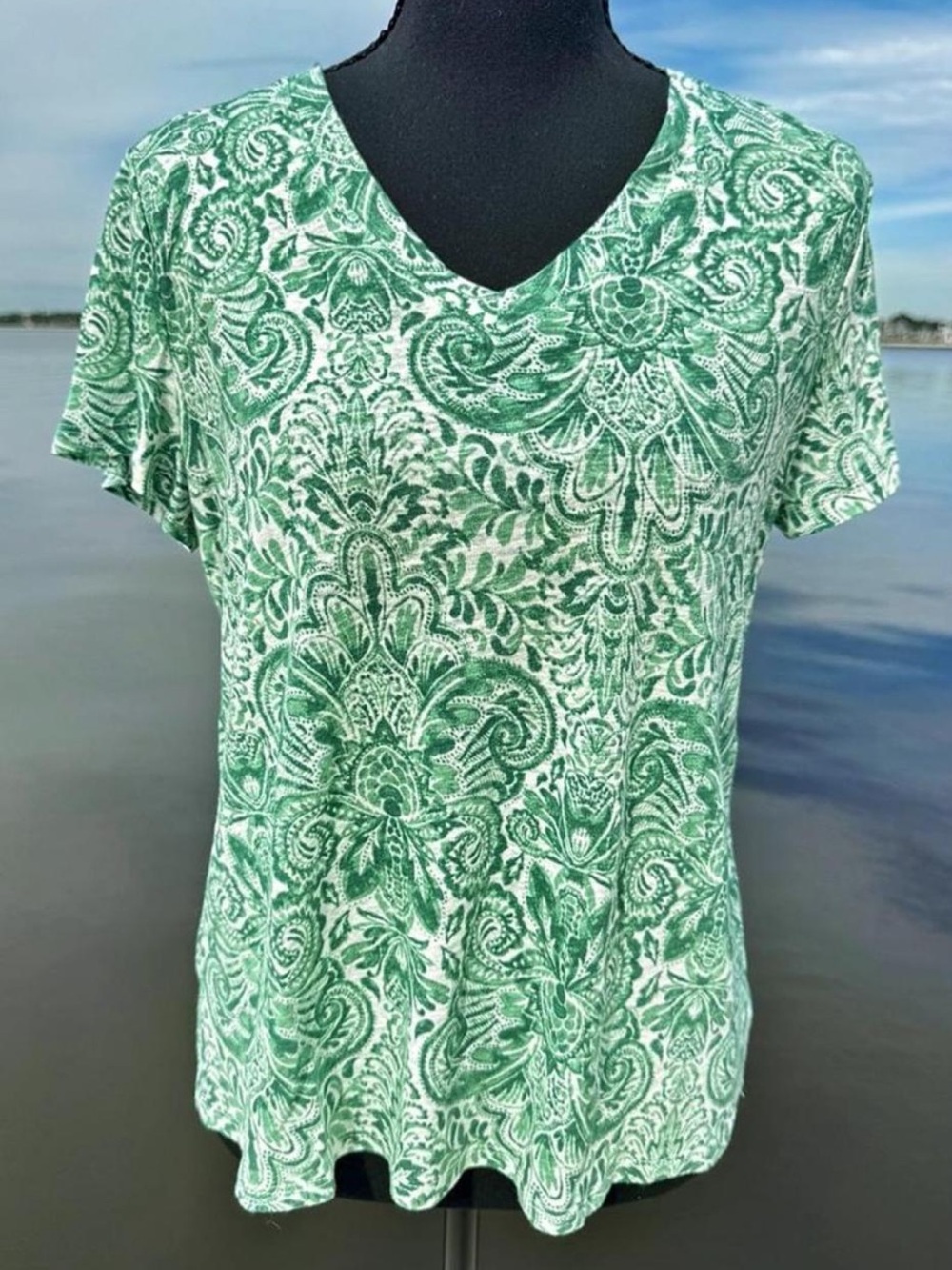 Green Paisley V-Neck Women’s Top